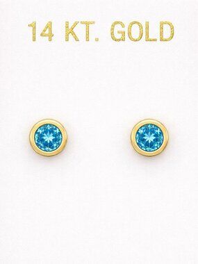 Created 0.50 Cts Blue Topaz Stud Earrings SOLID 14k Yellow Gold